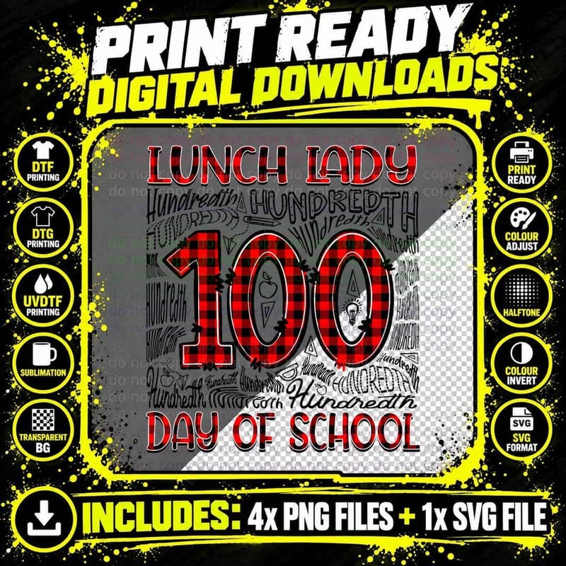 Red Plaid Typography 100th Day of School Lunch Lady Png SVG Digital Bundle
