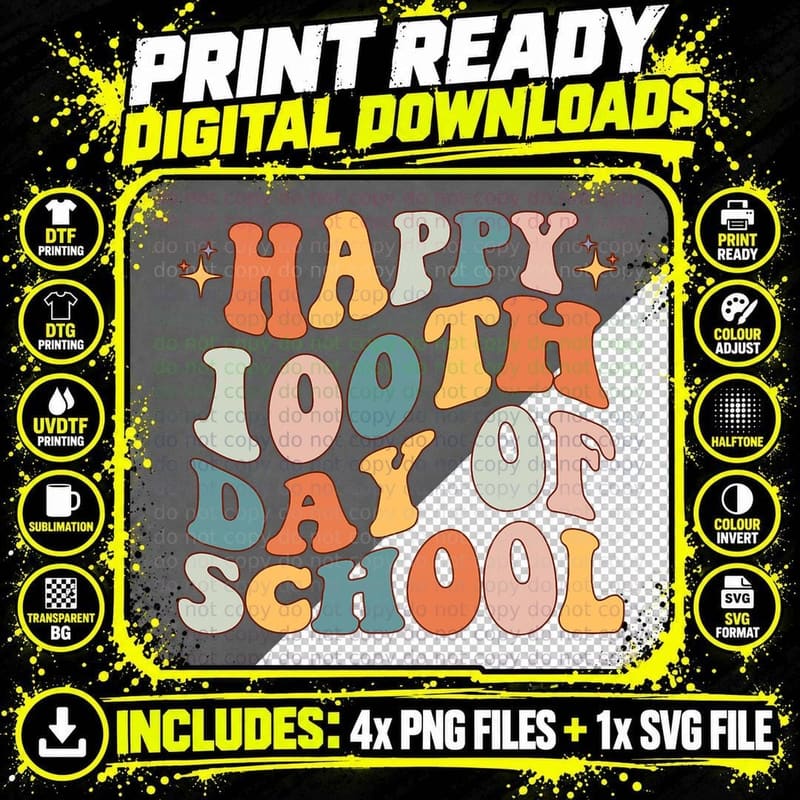 Retro 100th Day of School Teachers Kids Cute Happy 100 Png SVG Digital Bundle