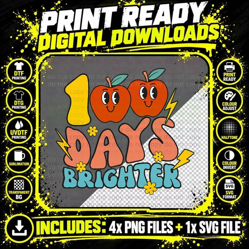 Retro Groovy 100 Days Brighter Student 100th Day of Png SVG Digital Bundle