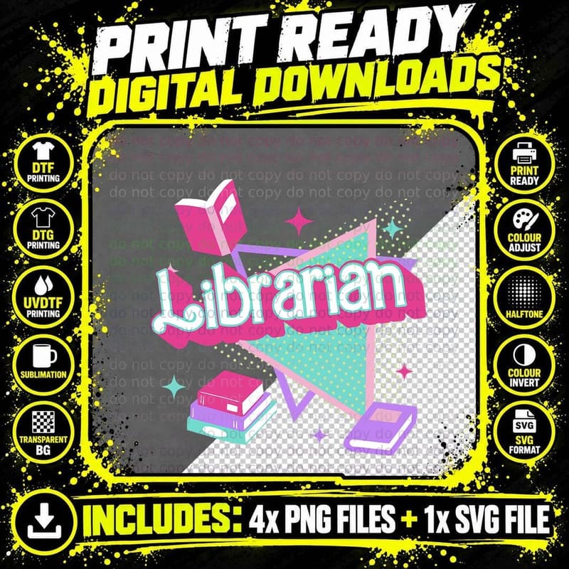 Retro Librarian 90s Library Staff Back to School Reading Png SVG Digital Bundle