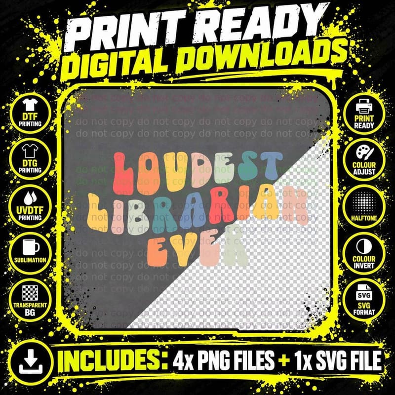 Retro Loudest Librarian Ever Funny School Librarian Png SVG Digital Bundle