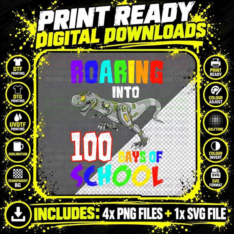 Roaring into Days of School Shirt, Bold Print, 100th Day Png SVG Digital Bundle
