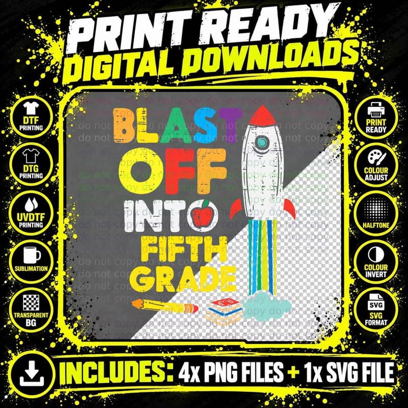 Rocket Blast off into Fifth Grade 5th First Day School Png SVG Digital Bundle