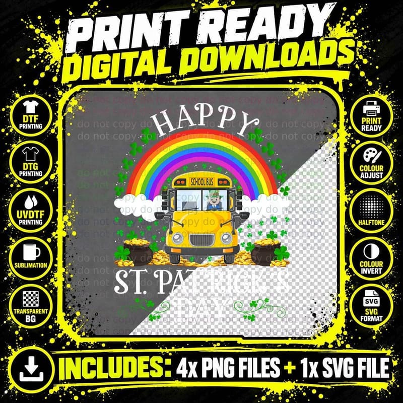 School Bus Lover Rainbow Vintage School Bus St. Patricks Png SVG Digital Bundle
