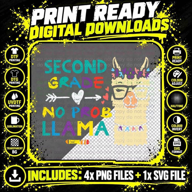 Second Grade No Prob Llama T-Shirt, Funny School Png SVG Digital Bundle