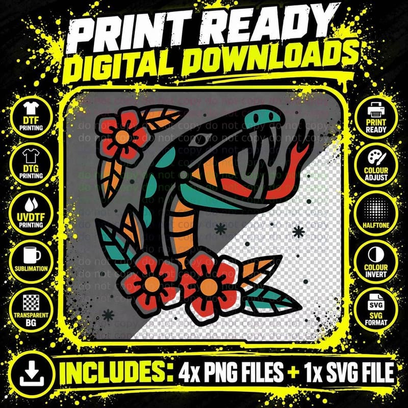 Snake Old School American Traditional Tattoo Flash Png SVG Digital Bundle