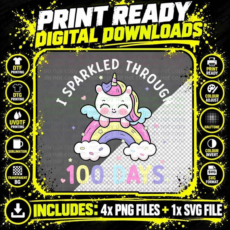 Sparkled Through 100 Days Girls Unicorn 100th Day of Png SVG Digital Bundle