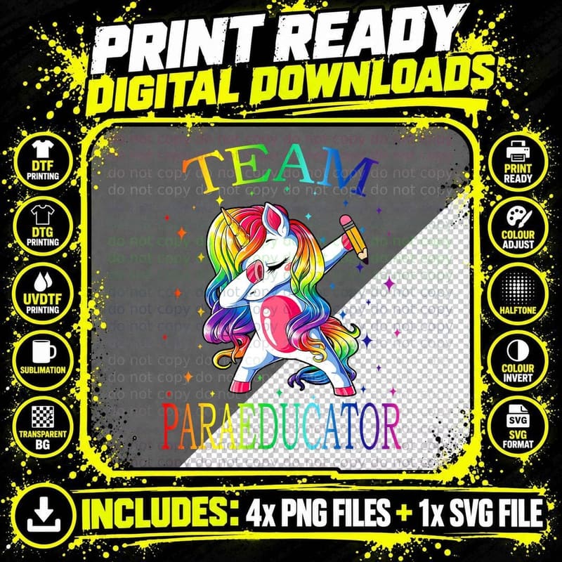 Team Paraeducator Unicorn Funny Back to School Gift Png SVG Digital Bundle