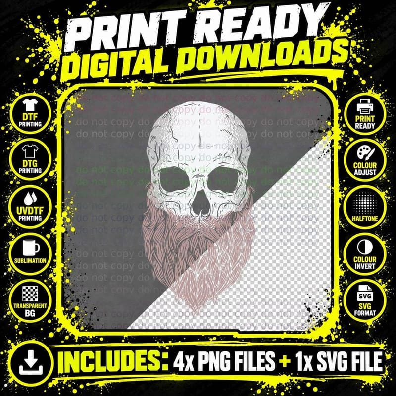 Vintage Old-School Bearded Skull Sugar Skull & Beard Png SVG Digital Bundle