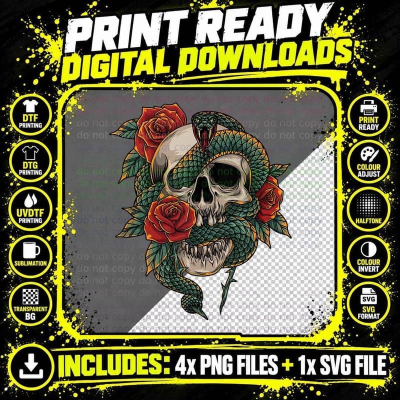Viper and Skull Snake Rose Art Old School Tattoo Png SVG Digital Bundle