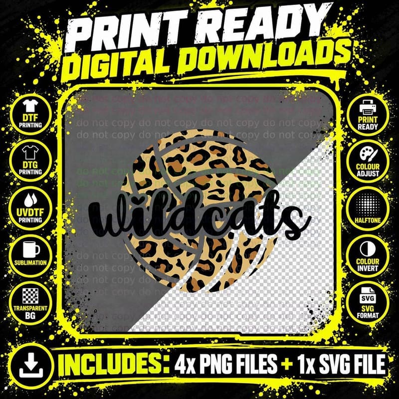 Wildcats Volleyball Team Leopard Mascot School Spirit Png SVG Digital Bundle