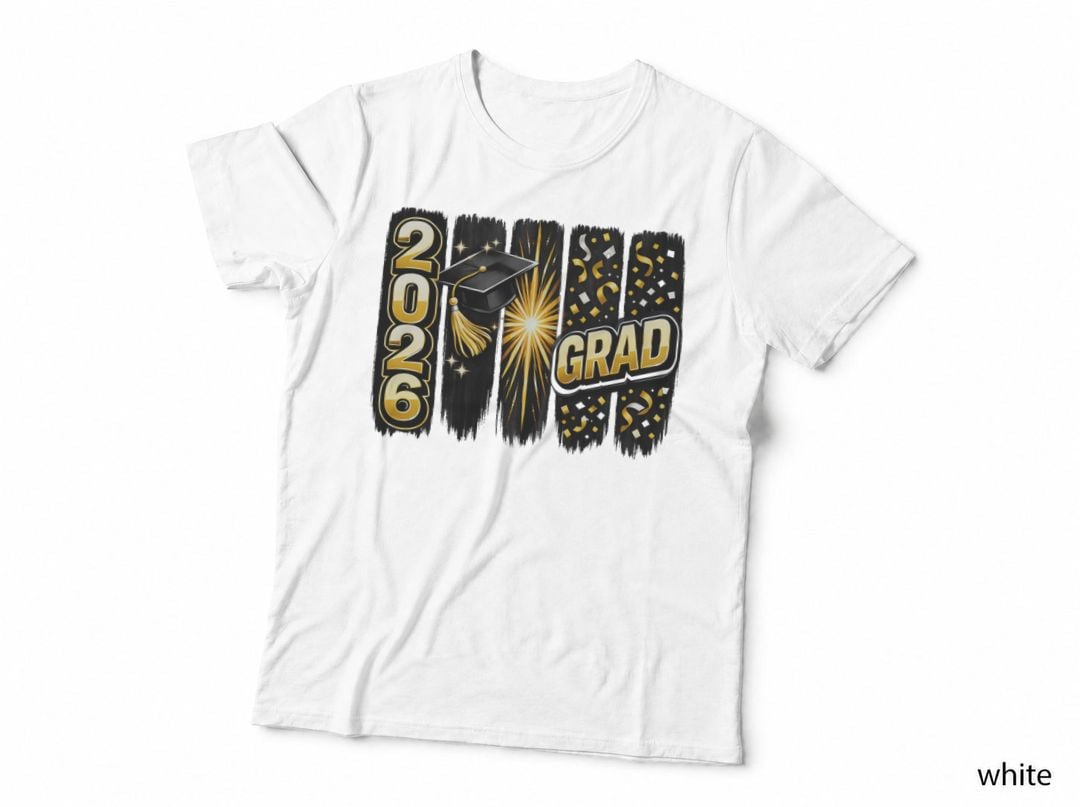 2026 Grad Graduation T-Shirt, Gold Grad Text with Sparkles Grad Tee