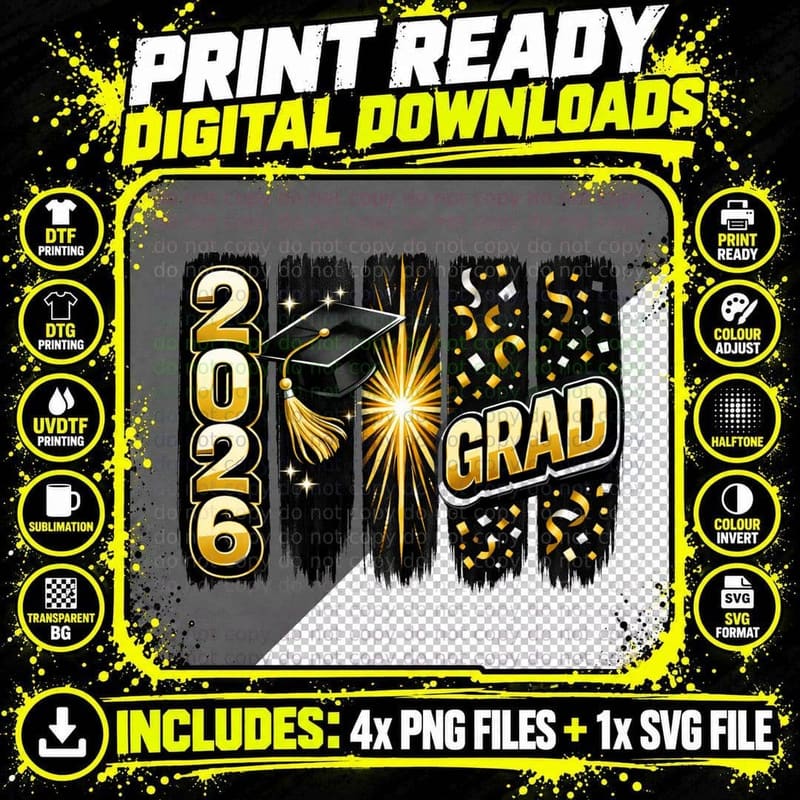 2026 Grad Graduation T-Shirt, Gold Grad Text with Png SVG Digital Bundle