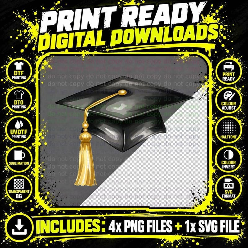 Black Cap Gold Tassel Minimalist Graduation T-Shirt Png SVG Digital Bundle