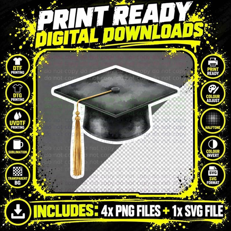 Black Cap Textured with Gold Tassel Graduation T-Shirt Png SVG Digital Bundle
