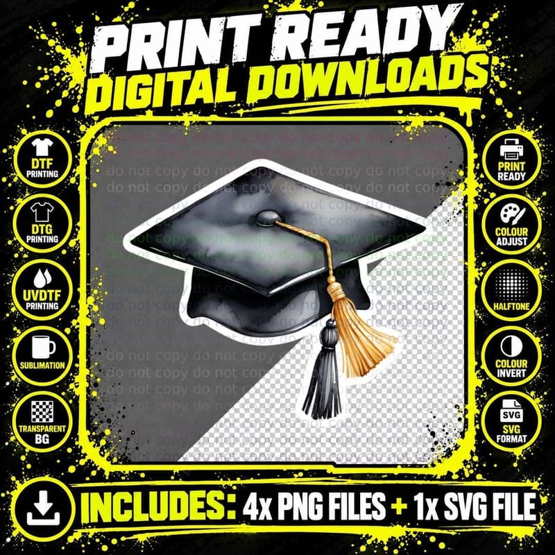 Black Cap with Dual Gold Tassels Graduation T-Shirt Png SVG Digital Bundle
