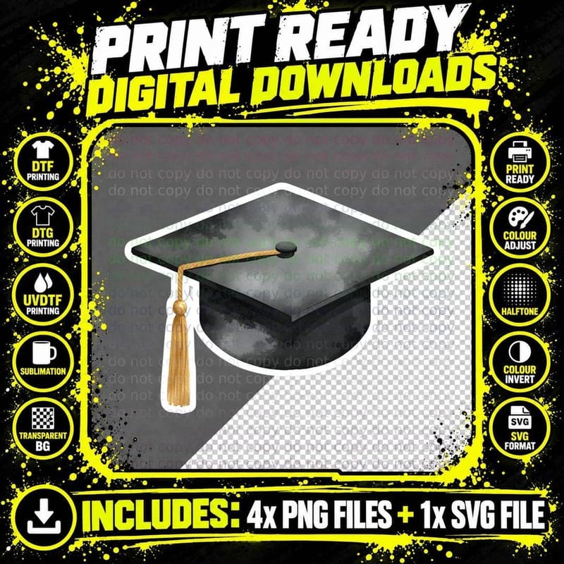 Black Cap with Gold Twisted Tassel Graduation T-Shirt Png SVG Digital Bundle