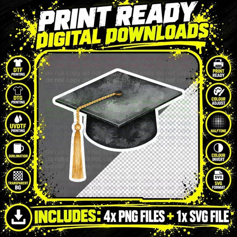 Black Cap with Twisted Gold Tassel Graduation T-Shirt Png SVG Digital Bundle