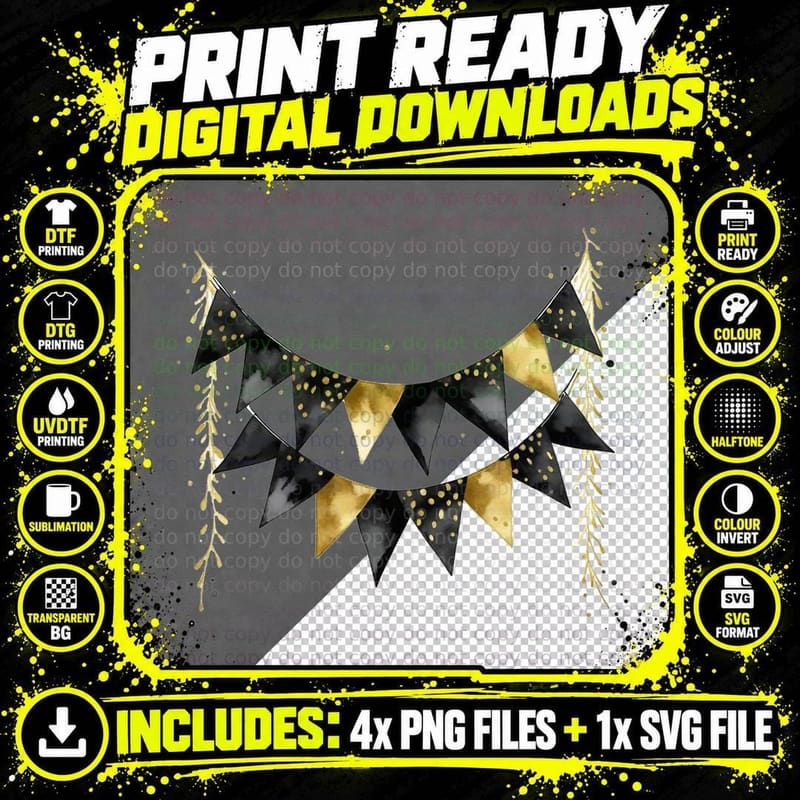 Black Gold Bunting Garland Leaves Graduation T-Shirt Png SVG Digital Bundle