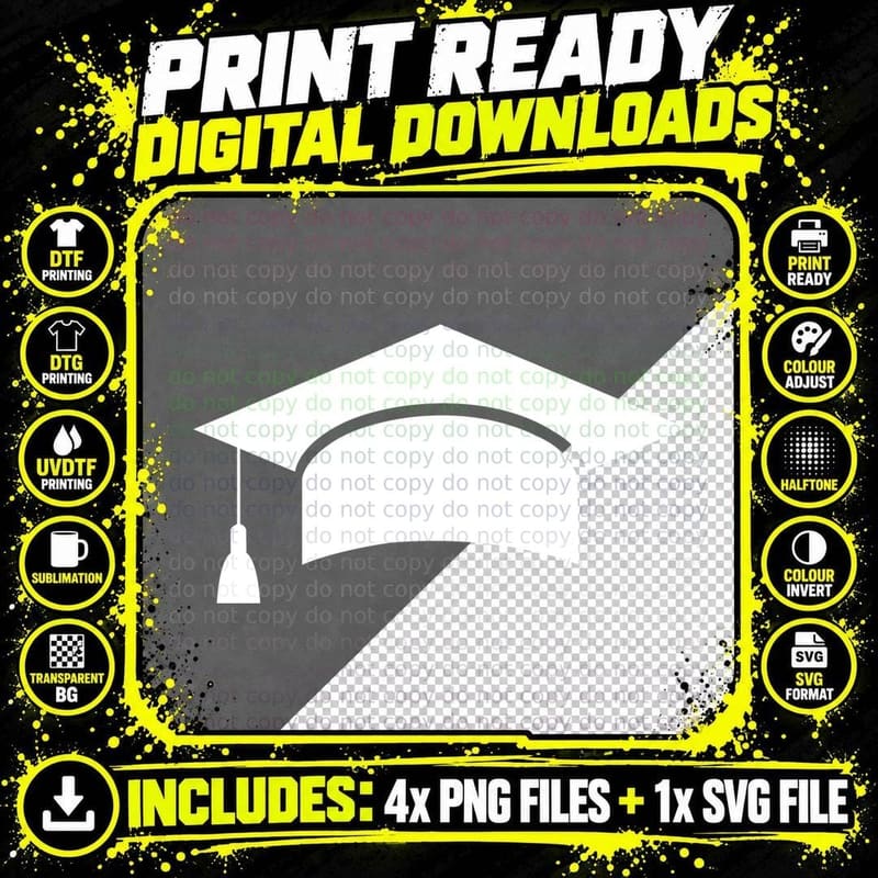 Black Grad Cap Silhouette Outline Graduation T-Shirt Png SVG Digital Bundle