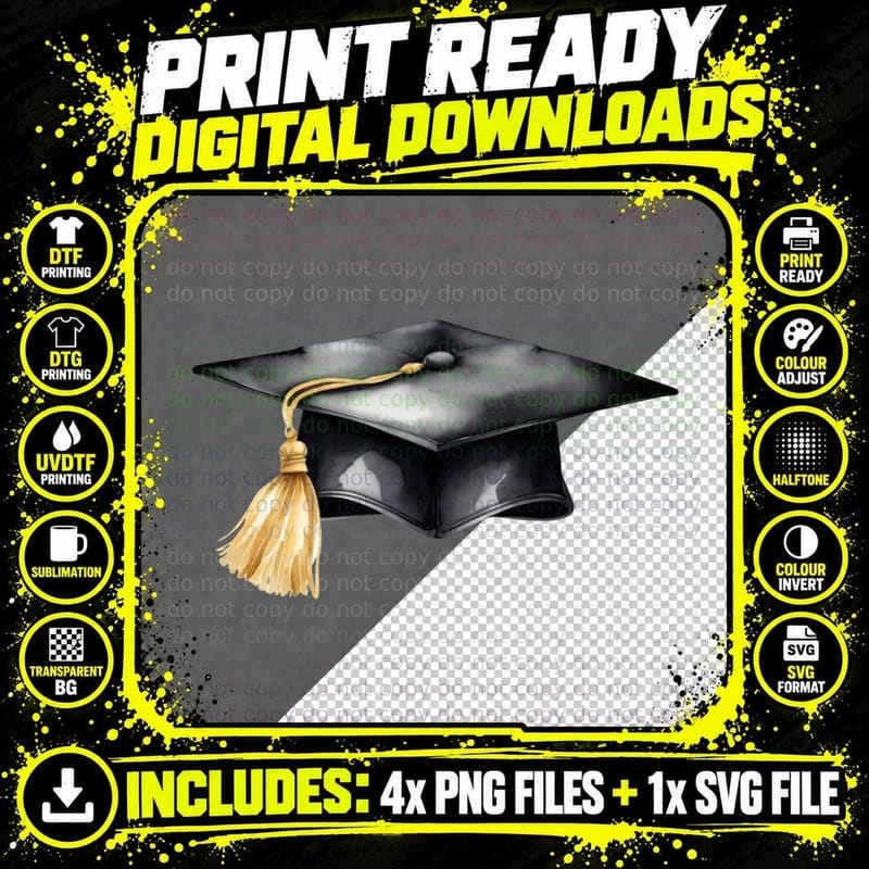 Black Graduation Cap Angled View Graduation T-Shirt Png SVG Digital Bundle