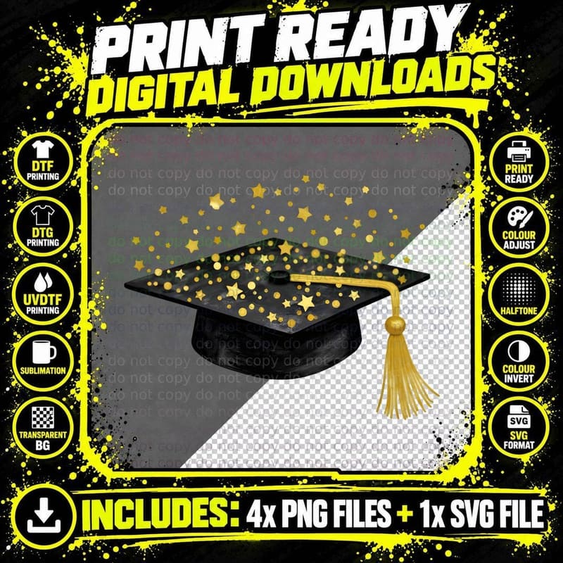 Black Graduation Cap Gold Tassel Stars & Dots T-Shirt Png SVG Digital Bundle
