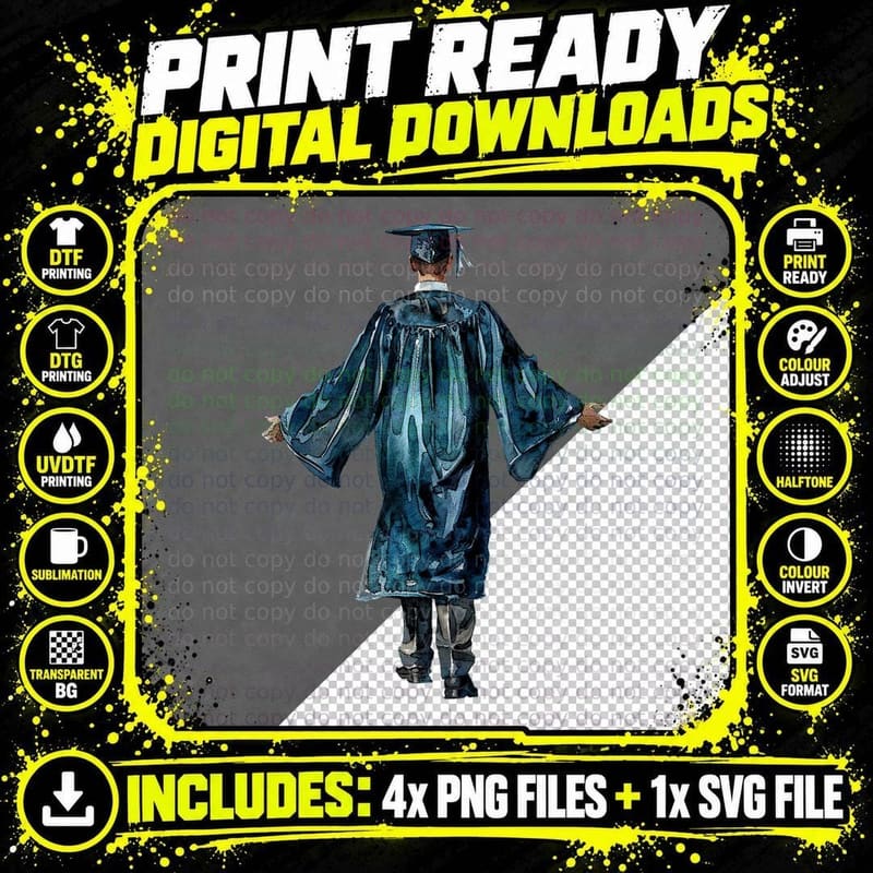 Blue Gown Back View with Cap Graduation T-Shirt Png SVG Digital Bundle