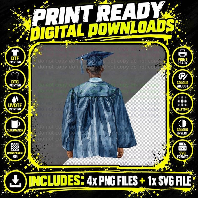 Blue Gown Back with Cap Tassel Graduation T-Shirt Png SVG Digital Bundle