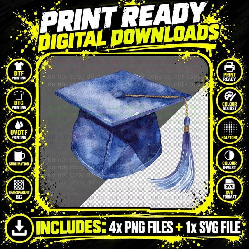 Blue Grad Cap with Gold Tassel Graduation T-Shirt Png SVG Digital Bundle