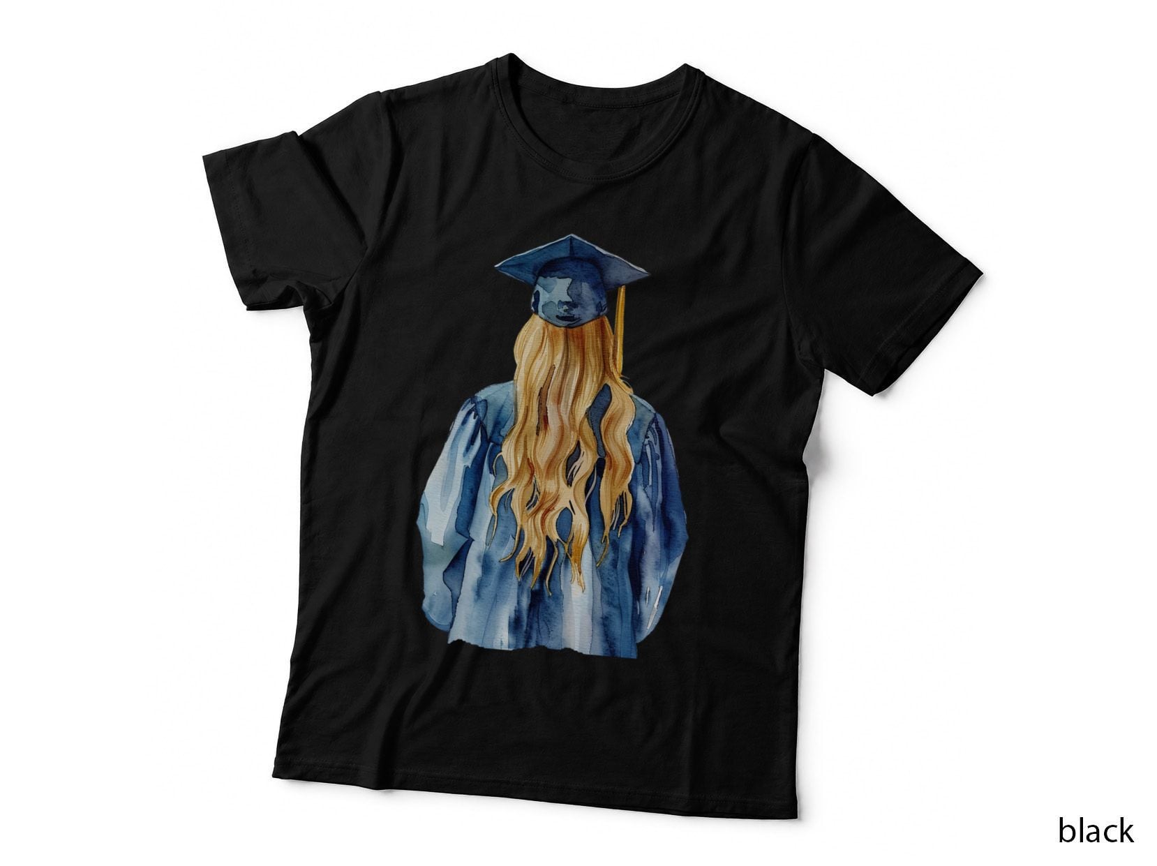 Blue Robe Blonde Hair Figure Graduation T-Shirt, Senior Grad Graphic Tee