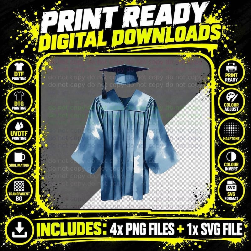 Blue Watercolor Gown Cap Tassel Graduation T-Shirt Png SVG Digital Bundle