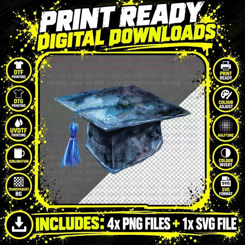 Blue Watercolor Grad Cap Tassel Graduation T-Shirt Png SVG Digital Bundle