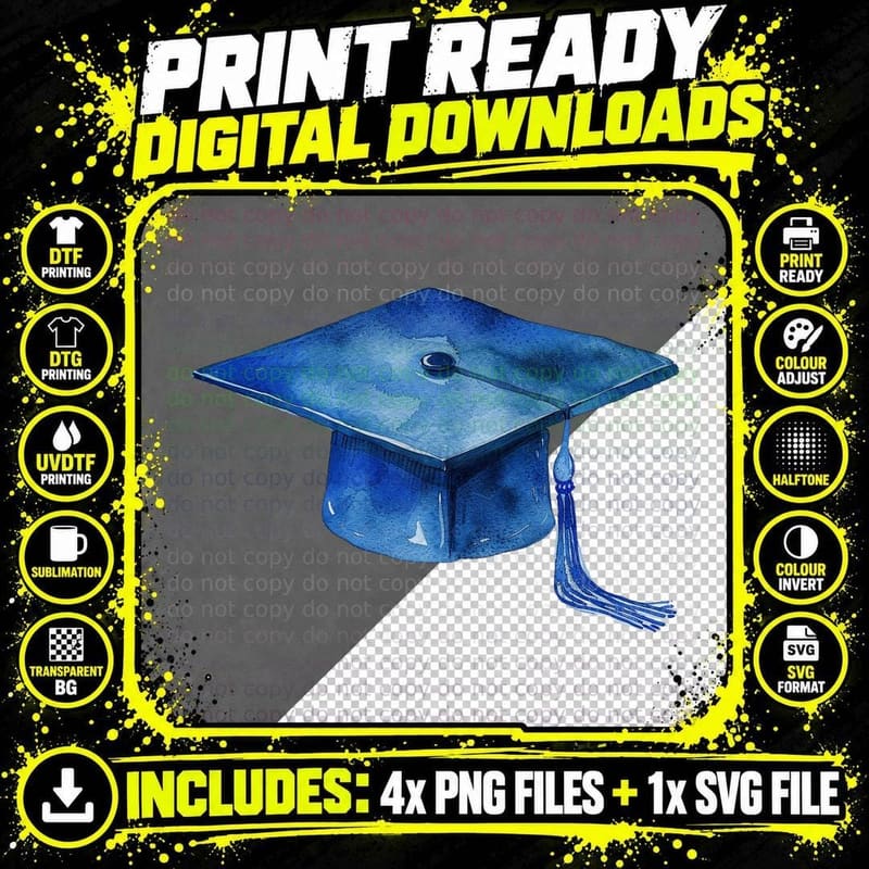 Blue Watercolor Graduation Cap Graduation T-Shirt Png SVG Digital Bundle