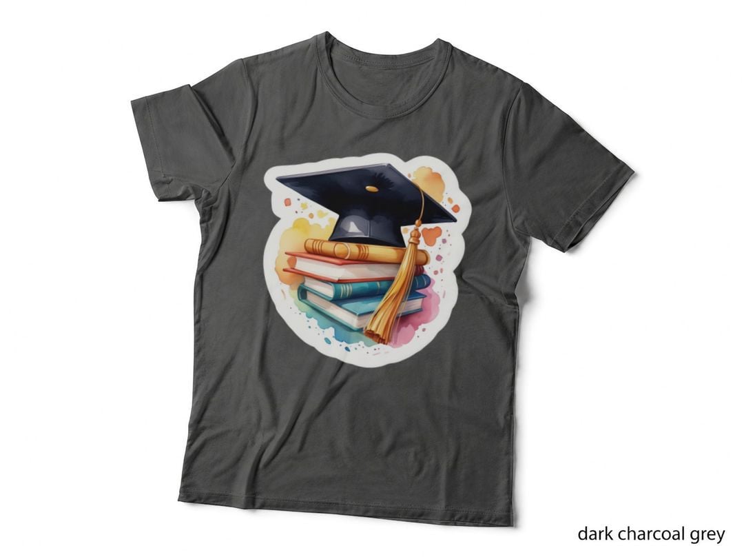 Cap Books Rainbow Watercolor Graduation T-Shirt, Senior Grad Graphic Tee