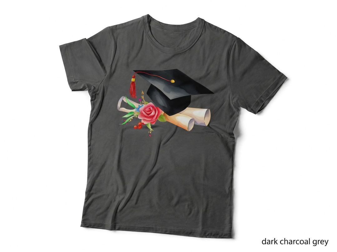 Cap Books Rose Sticker Style Graduation T-Shirt, Senior Grad Graphic Tee