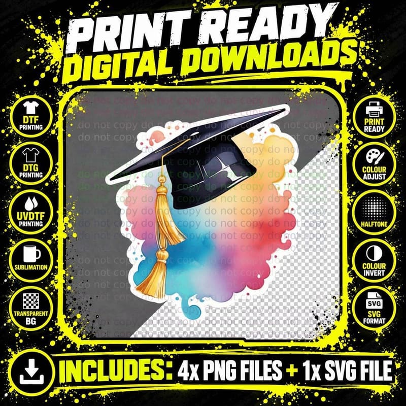 Cap Cloud Rainbow Tassel Wrap Graduation T-Shirt Png SVG Digital Bundle