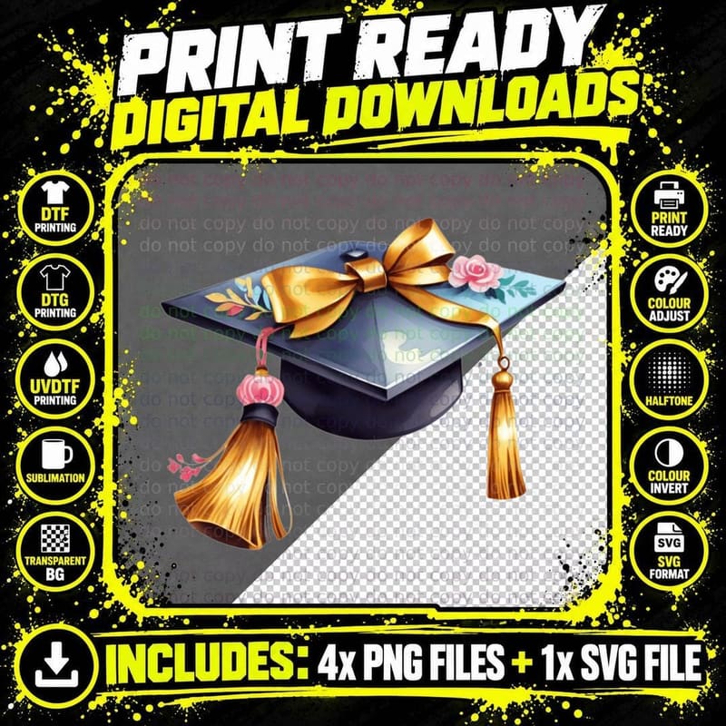Cap Gold Bow Decorated Graduation T-Shirt Png SVG Digital Bundle