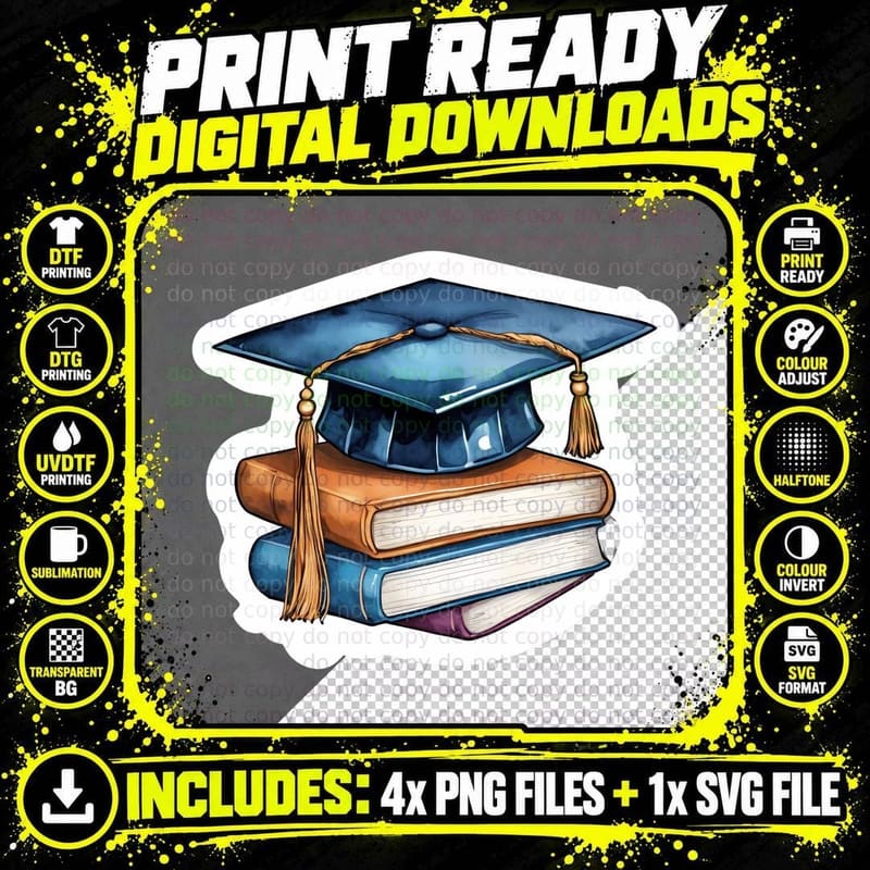 Cap Stacked Books Cloud Frame Graduation T-Shirt Png SVG Digital Bundle