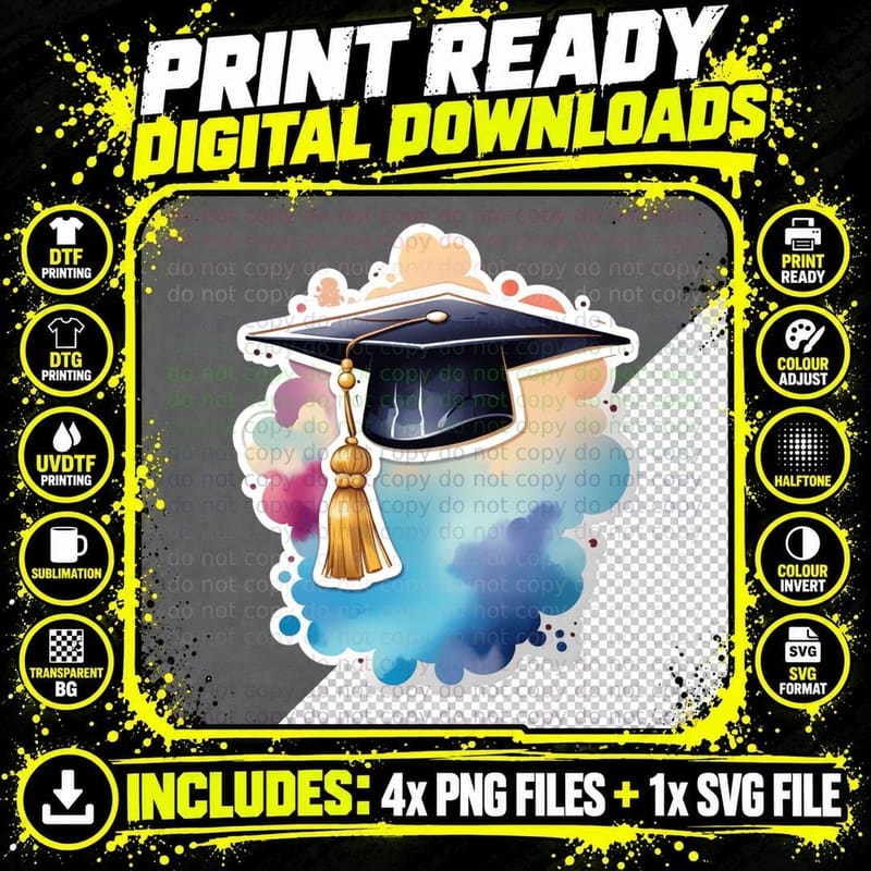 Cap Tassel Watercolor Clouds Graduation T-Shirt Png SVG Digital Bundle