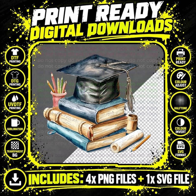 Cap on Books Academic Supplies Graduation T-Shirt Png SVG Digital Bundle
