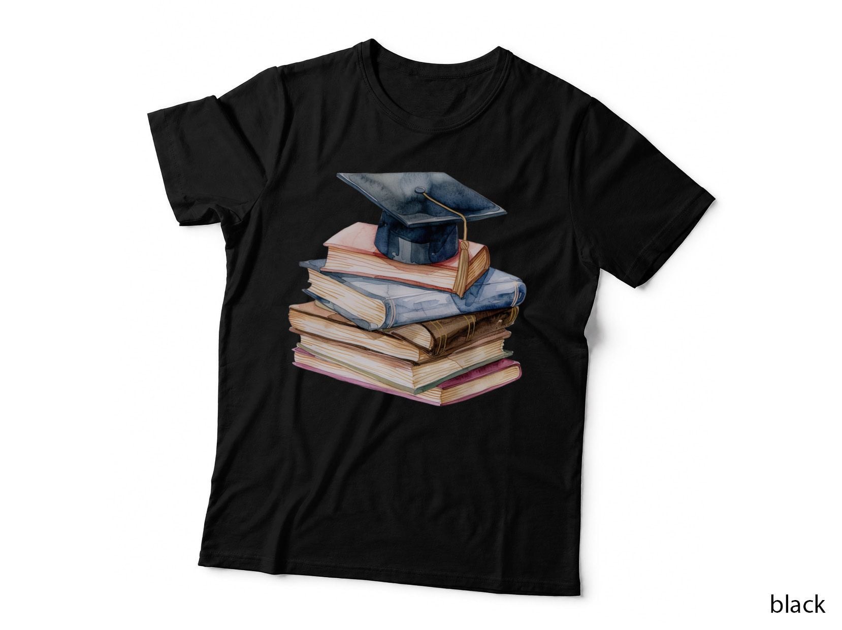 Cap on Colorful Book Stack Graduation T-Shirt, Senior Grad Graphic Tee