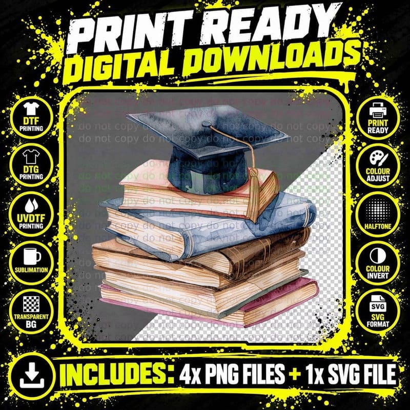 Cap on Colorful Book Stack Graduation T-Shirt Png SVG Digital Bundle