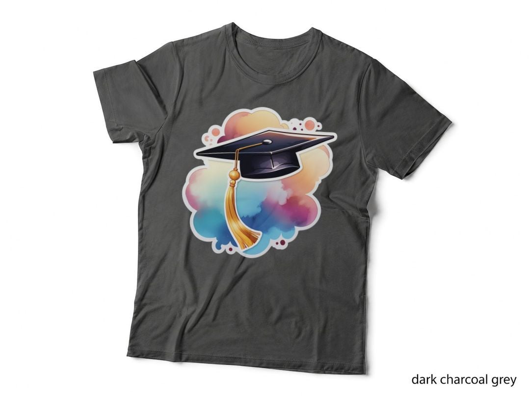 Cap on Colorful Cloud Background Graduation T-Shirt, Senior Grad Graphic Tee
