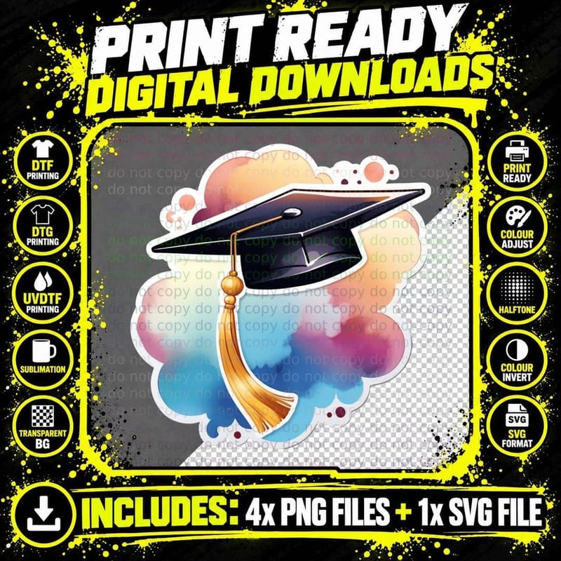 Cap on Colorful Cloud Background Graduation T-Shirt Png SVG Digital Bundle