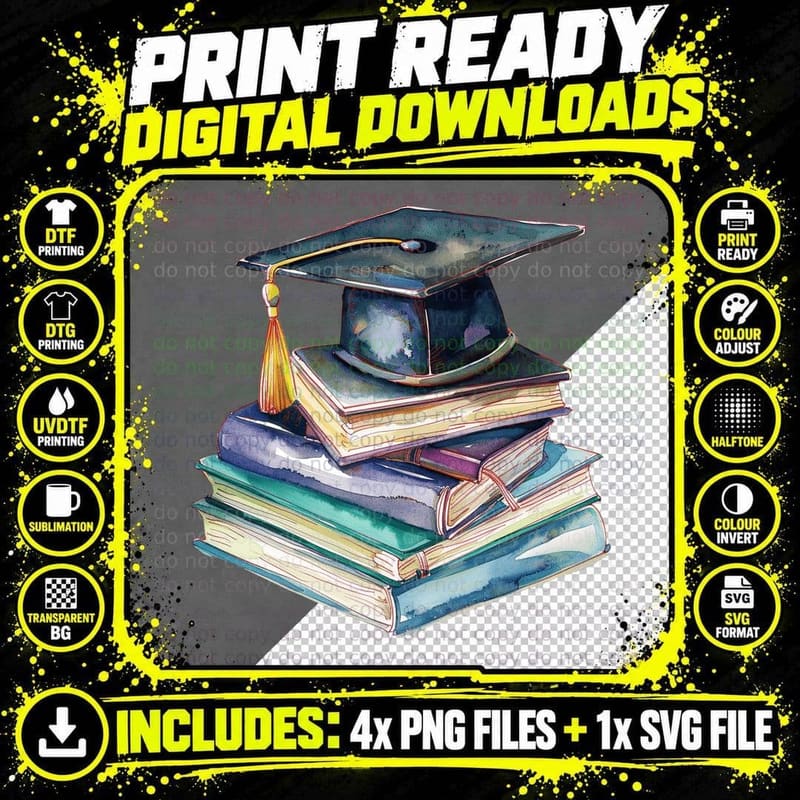 Cap on Stack of Books Graduation T-Shirt Png SVG Digital Bundle