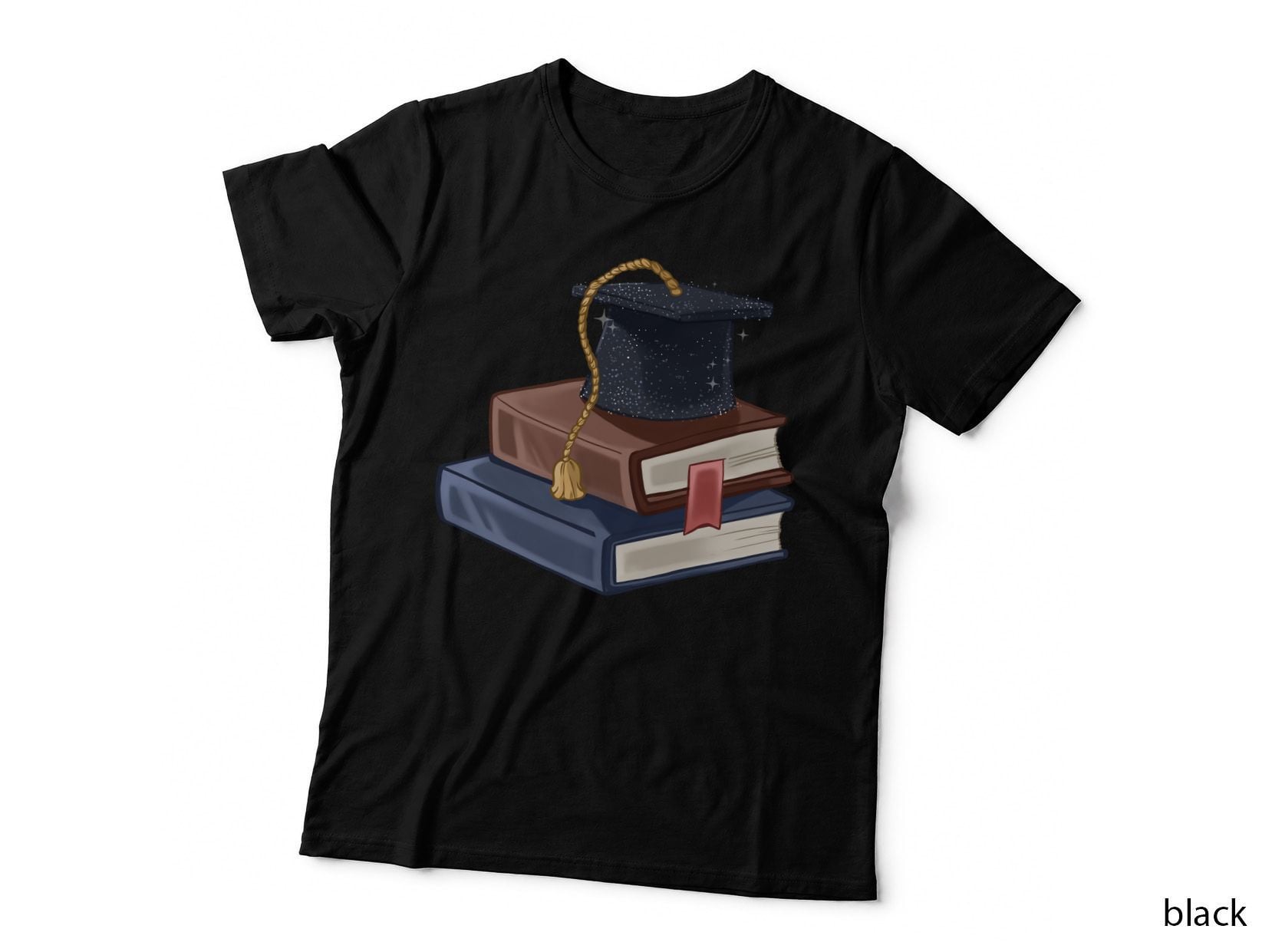 Cap on Stacked Books Gold Tassel Graduation T-Shirt, Senior Grad Graphic Tee