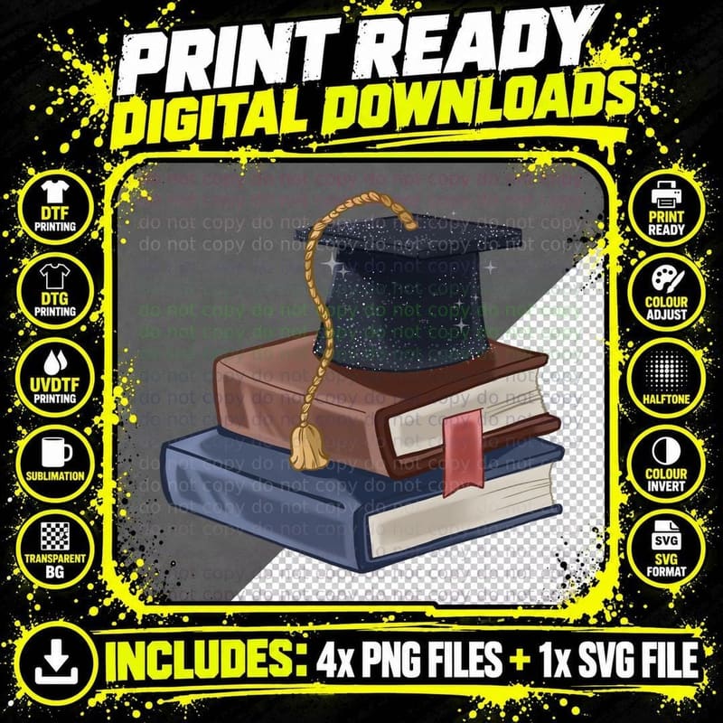 Cap on Stacked Books Gold Tassel Graduation T-Shirt Png SVG Digital Bundle