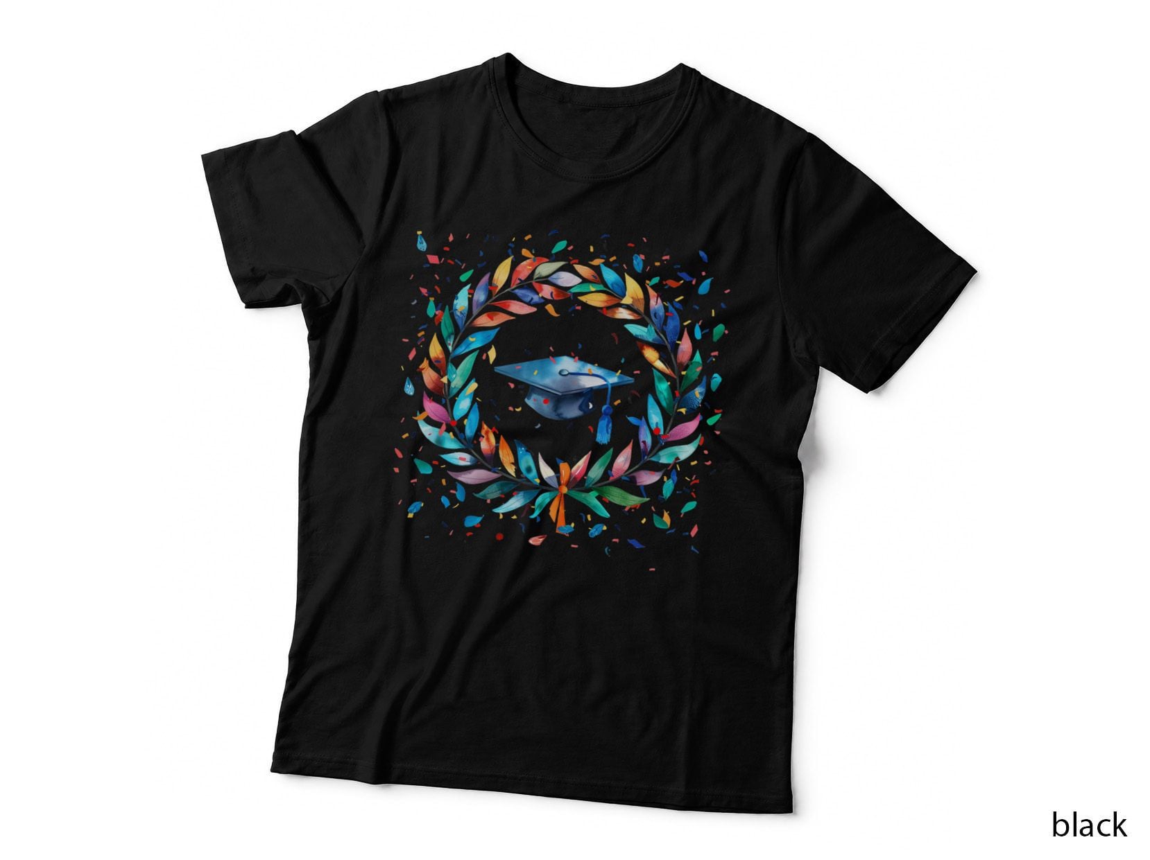 Cap with Feather Wreath Circle Graduation T-Shirt, Senior Grad Graphic Tee