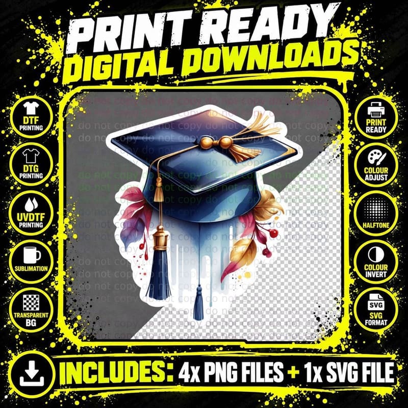 Cap with Feathers Artistic Sticker Graduation T-Shirt Png SVG Digital Bundle