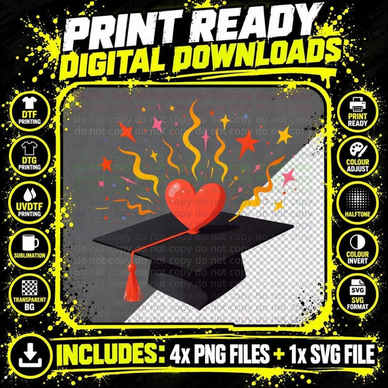 Celebratory Black Graduation Cap with Red Tassel Heart Png SVG Digital Bundle